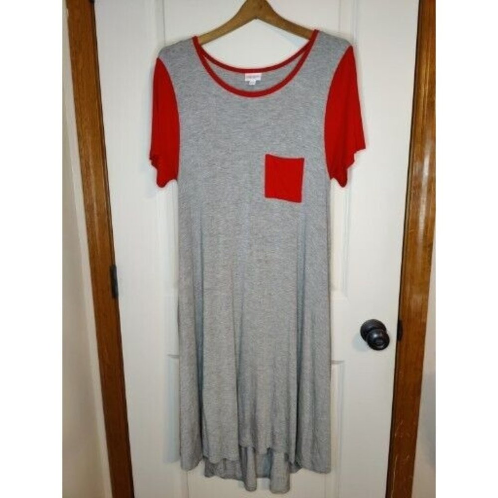 LuLaRoe Women's Carley Dress High/Low Tshirt Dress  Heather Gray Red Size Small
